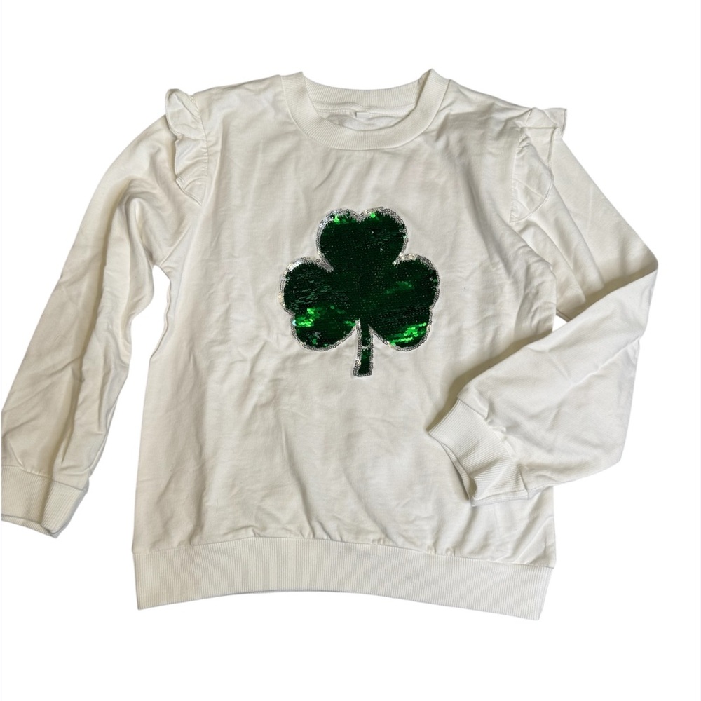 White Sweatshirt with Green Sequin Shamrock, Girls L